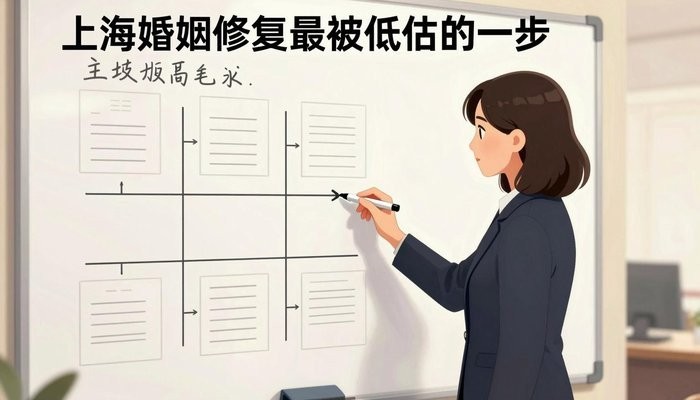心理咨询一位华裔女性站在贴满笔记和时间线的白板旁，手持马克笔侧身面向白板