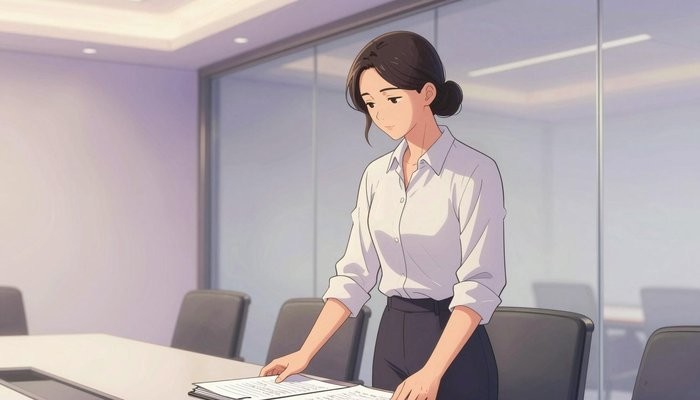 夫妻相处一位华裔女性站在玻璃幕墙会议室桌首，双手按在一叠文件夹上低头看文件