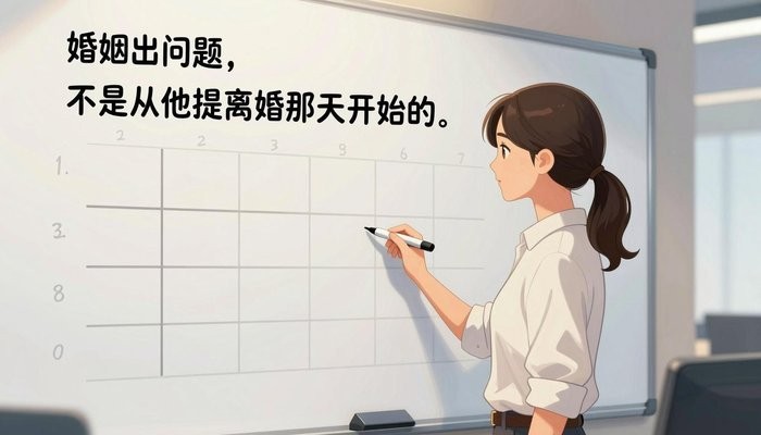 亲密关系一位华裔女性站在贴满笔记和时间线的白板旁,手持马克笔侧身面向白板