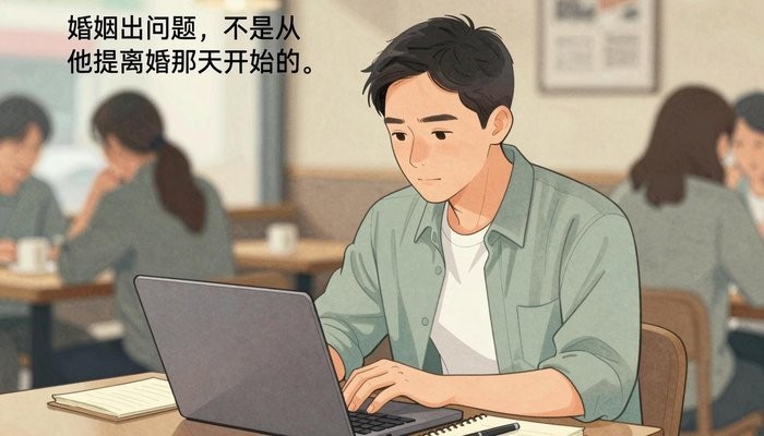 情感技巧一位华裔男性坐在咖啡店卡座,笔记本电脑打开专注看屏幕,旁边放笔记本和笔