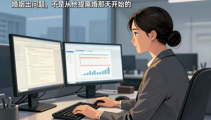 无性婚姻一位华裔女性坐在开放式办公桌前,三台显示器显示数据图表,屏幕光映亮侧脸