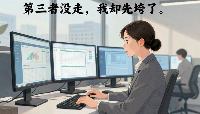 婚姻保鲜一位华裔女性坐在开放式办公桌前，三台显示器显示数据图表，屏幕光映亮侧脸
