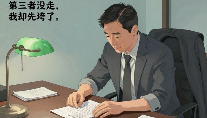 情绪表达一位四十多岁的华裔男性坐在私人办公室，身体前倾双手按在堆满文件的桌上