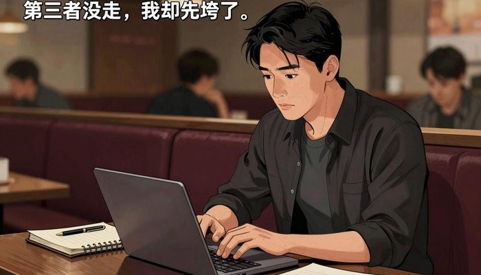 亲密关系一位华裔男性坐在咖啡店卡座，笔记本电脑打开专注看屏幕，旁边放笔记本和笔