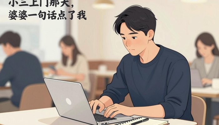 心理咨询一位华裔男性坐在咖啡店卡座,笔记本电脑打开专注看屏幕,旁边放笔记本和笔