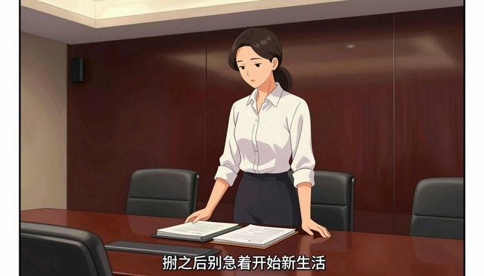 夫妻沟通一位华裔女性站在玻璃幕墙会议室桌首,双手按在一叠文件夹上低头看文件