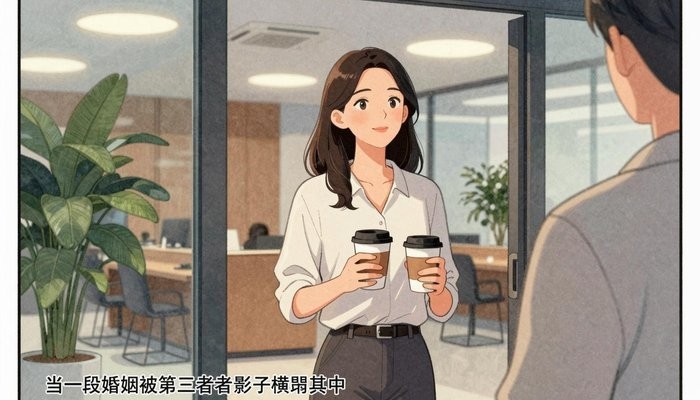 兰州一位华裔女性站在办公休息区门口,手拿两杯咖啡,望向画面外