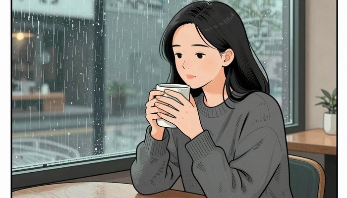 西安一位华裔女性坐在咖啡馆窗边,双手捧着温热马克杯,雨珠划过窗玻璃