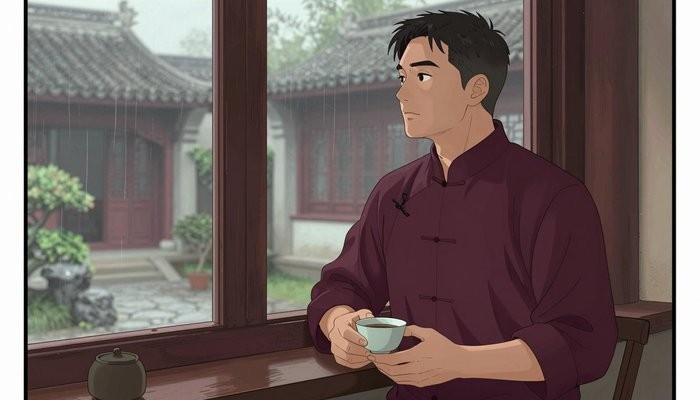 昆明一位华裔男性站在茶馆窗边,双手轻握茶杯望向庭院花园