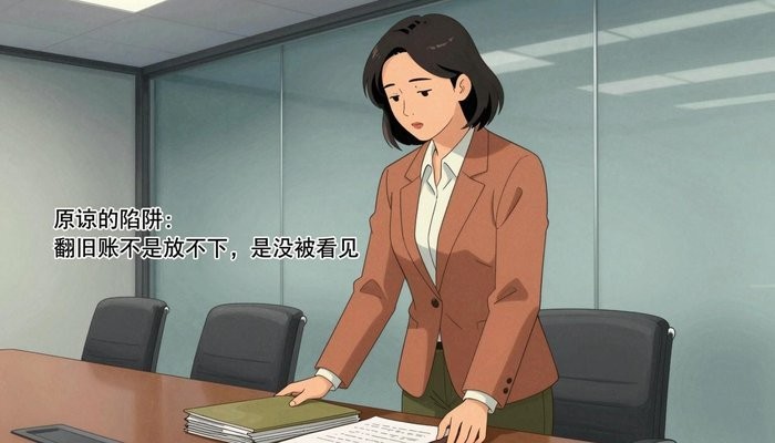 沟通技巧一位华裔女性站在玻璃幕墙会议室桌首,双手按在一叠文件夹上低头看文件