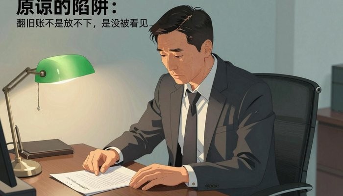 亲密关系一位四十多岁的华裔男性坐在私人办公室,身体前倾双手按在堆满文件的桌上