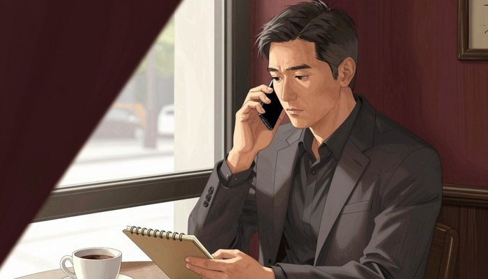 认知重构一位华裔男性坐在咖啡馆角落,手机贴耳,在小本子上记录