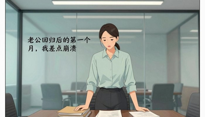 情感需求一位华裔女性站在玻璃幕墙会议室桌首,双手按在一叠文件夹上低头看文件